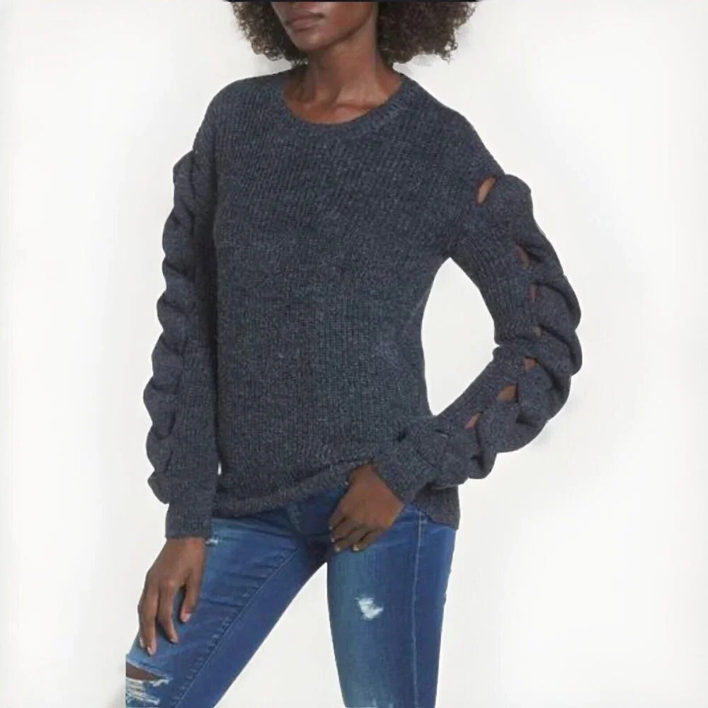 NWT Leith‎  Braided Twisted Sleeve Charcoal Knit Sweater Womens Small